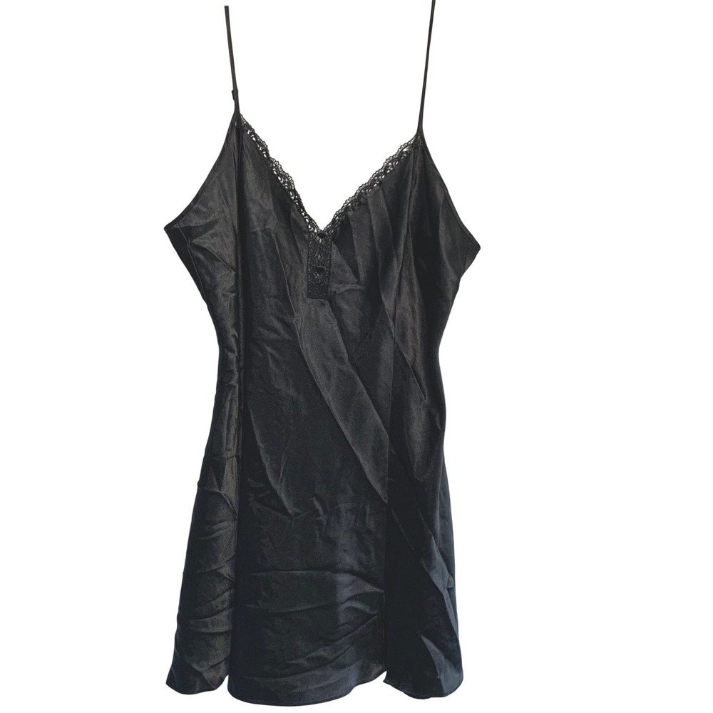 Delicates Nightgown XL Black Satin Lace Trim V-Neck Chemise Vintage Boudoir